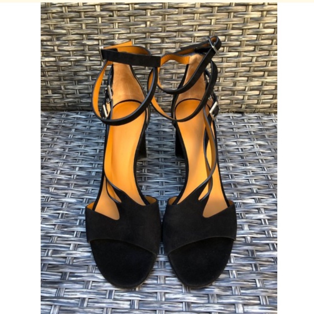 Robert Clergerie Ankle Strap Metal Heel Black Suede Sandals Size 37.5EU NEW